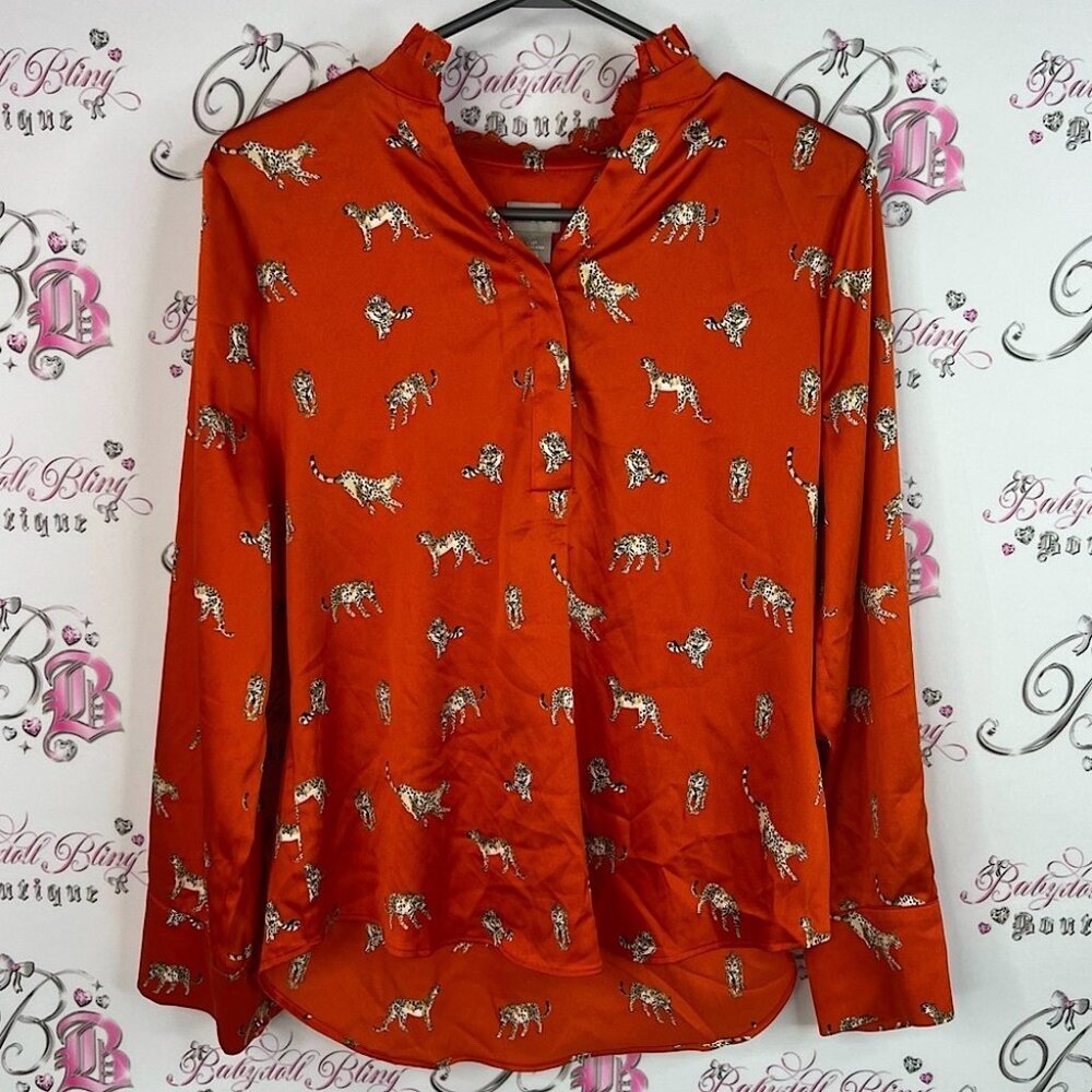 Chico's blouse leopards cheetahs cats Vibrant Orange Top with Leopard Print